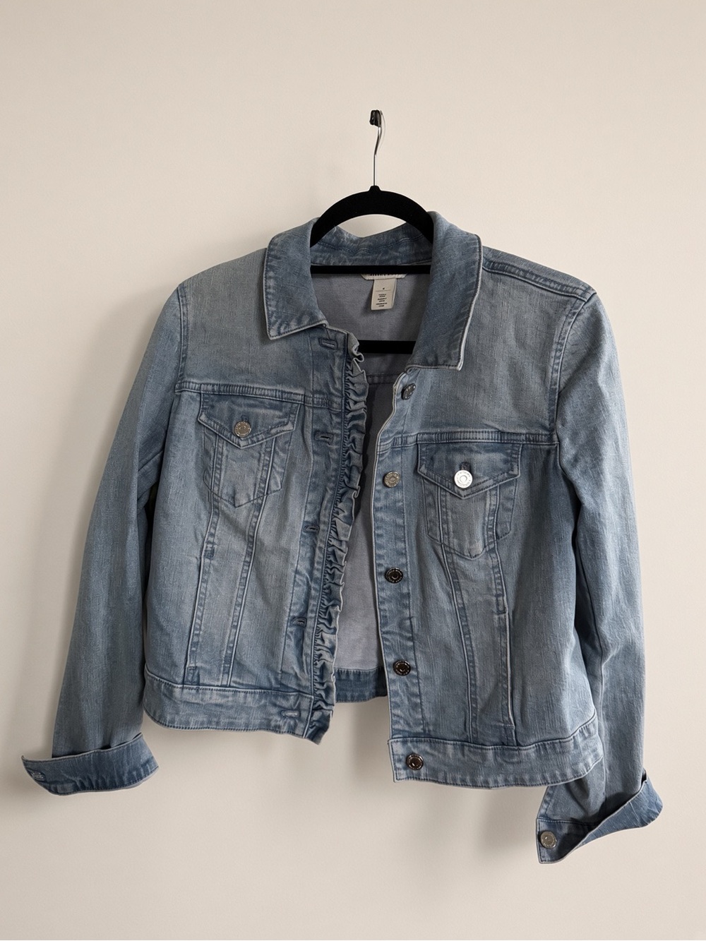 White House Black Market Light Blue Denim Jacket with Ruffle Placket